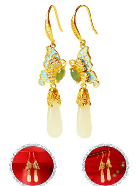 耳环女纯银耳坠古风和田玉新中式国风蝴蝶耳饰生日礼物妈妈款