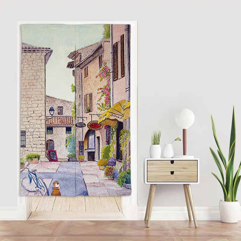 手绘水彩建筑厨房门帘卧室隔断帘玄关帘布帘挂帘柜子帘免打孔定制,淘宝优惠券,粉丝福利购,淘宝优惠卷