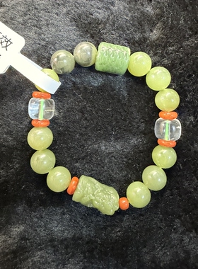 原创设计天然和田玉黄口料湖水绿卡10圆珠手串编号1347多样性发货