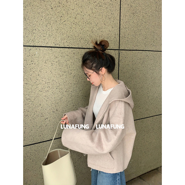 LUNAFUNG冯下文·燕麦色短款拉链羊毛双面呢外套女宽松连帽款大衣