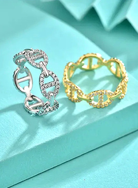 欧美跨境925纯银猪鼻子戒指女士微镶满钻个性设计闭口戒子手饰ins