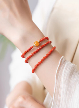 天然南红小米珠手串红色玛瑙三圈多圈叠戴蜜蜡转运珠新年手链女款