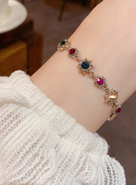 欧美跨境个性时尚复古彩色锆石太阳花手链女精致轻奢冷淡风手饰品