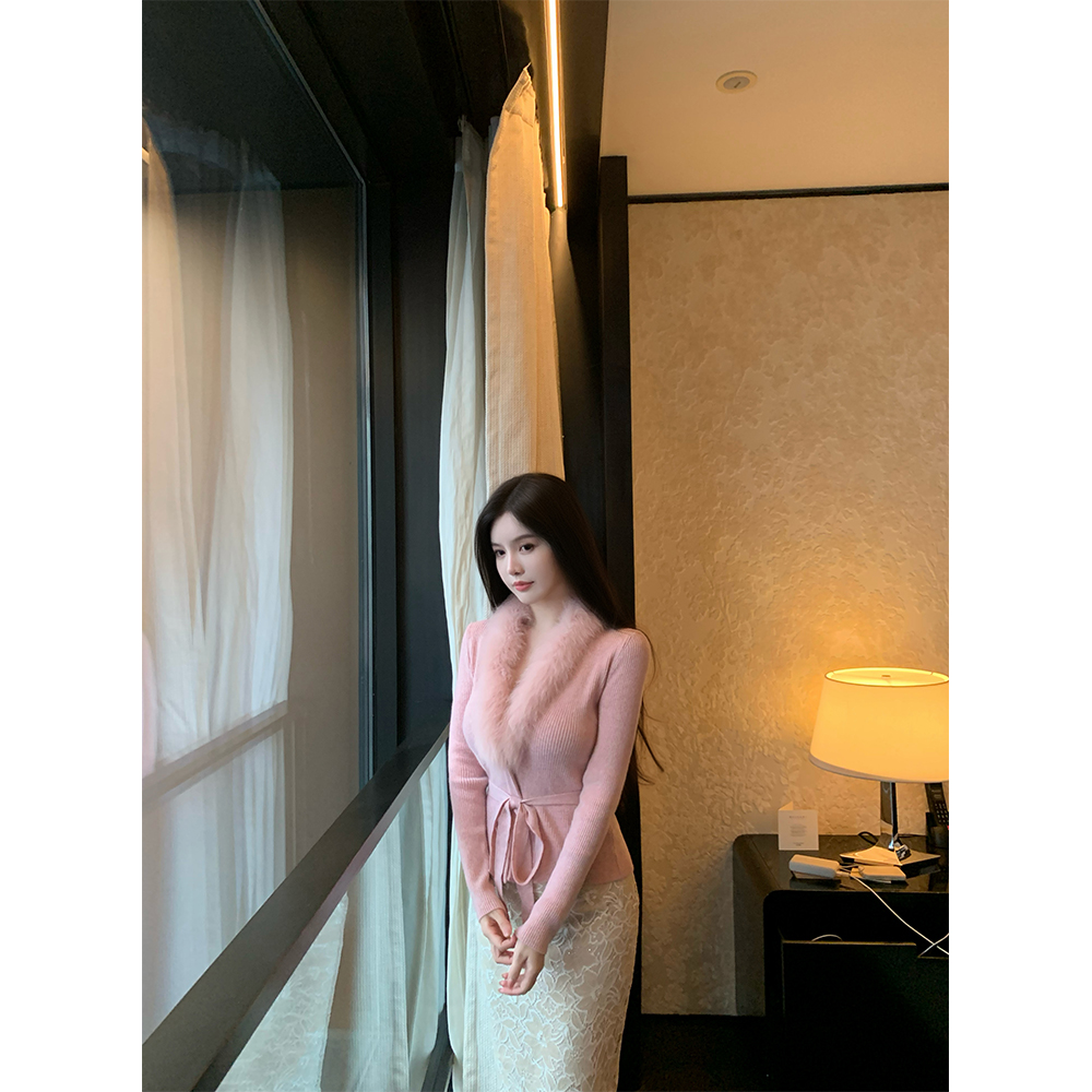 THE SWAN司凰轻奢 娇滴滴 羊绒羊毛狐狸毛针织开衫女绑带收腰上衣 - 图0