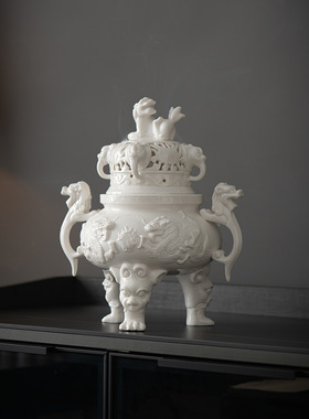 德化白瓷香炉摆件单狮龙凤三足香薰炉镂空盘香线香大号陶瓷檀香炉