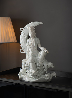 德化陶瓷水月自在观音佛像摆件禅意中式客厅玄关观世音菩萨像装饰