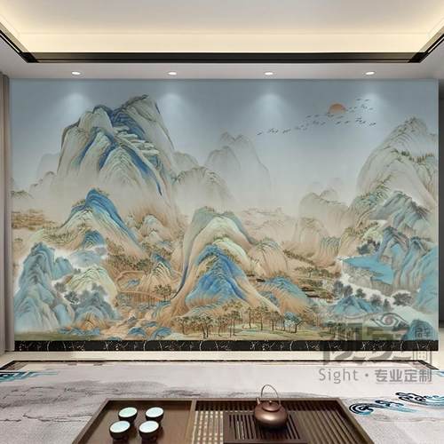 千里江山新中式水墨山水客厅壁纸影视墙布办公室卧室沙发壁画壁布 - 图2