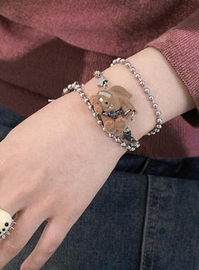 电子糖部原创[摇滚兔子]黑白棕植绒可爱朋克叛逆铆钉项链手链两用