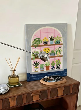 治愈系花窗静物油画假窗台绿植盆栽小众民宿奶油风家居墙面装饰画