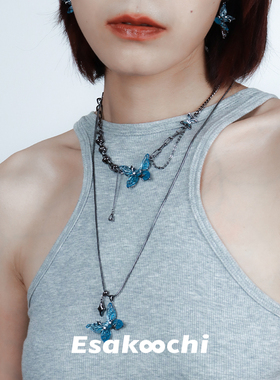 Esakoochi禁忌系列~蓝色半透明蝴蝶项链个性辣妹流苏缠绕锁骨链