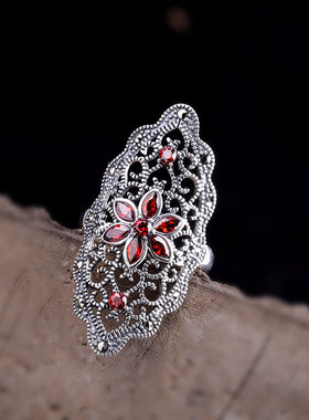 纯银复古镂空黑玛瑙夸张女士戒指