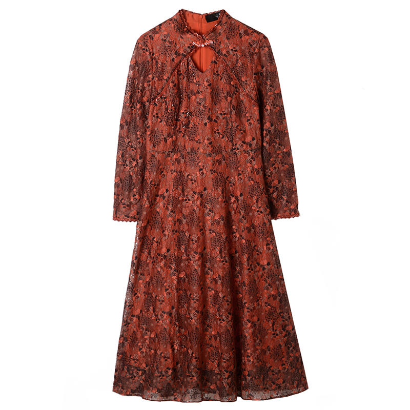 XV0Y0003复古碎花长袖裙子收腰显瘦改良旗袍女9.14春-图3