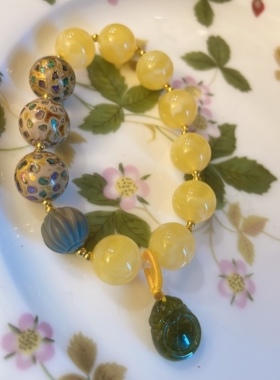 精工款四宝蜜蜡盐源玛瑙碧玺螺钿镶嵌大漆珠手链