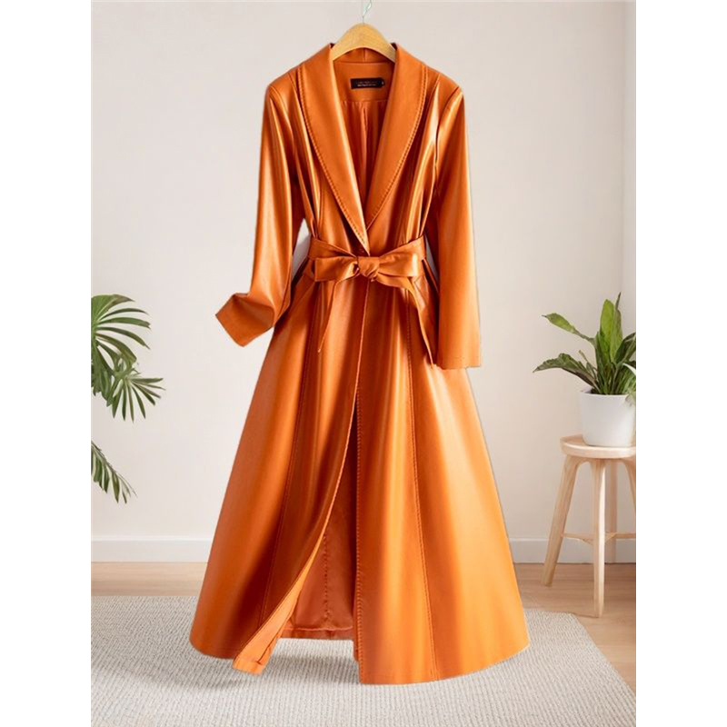 高奢海宁真皮皮衣女中长款女新款系带修身过膝气质绵羊皮风衣外套,淘宝优惠券,粉丝福利购,淘宝优惠卷