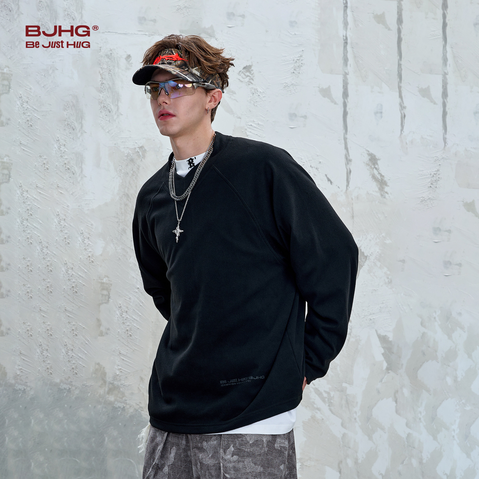 BJHG不计后果V领长袖t恤男秋冬季美式复古潮牌内搭情侣打底卫衣女,淘宝优惠券,粉丝福利购,淘宝优惠卷