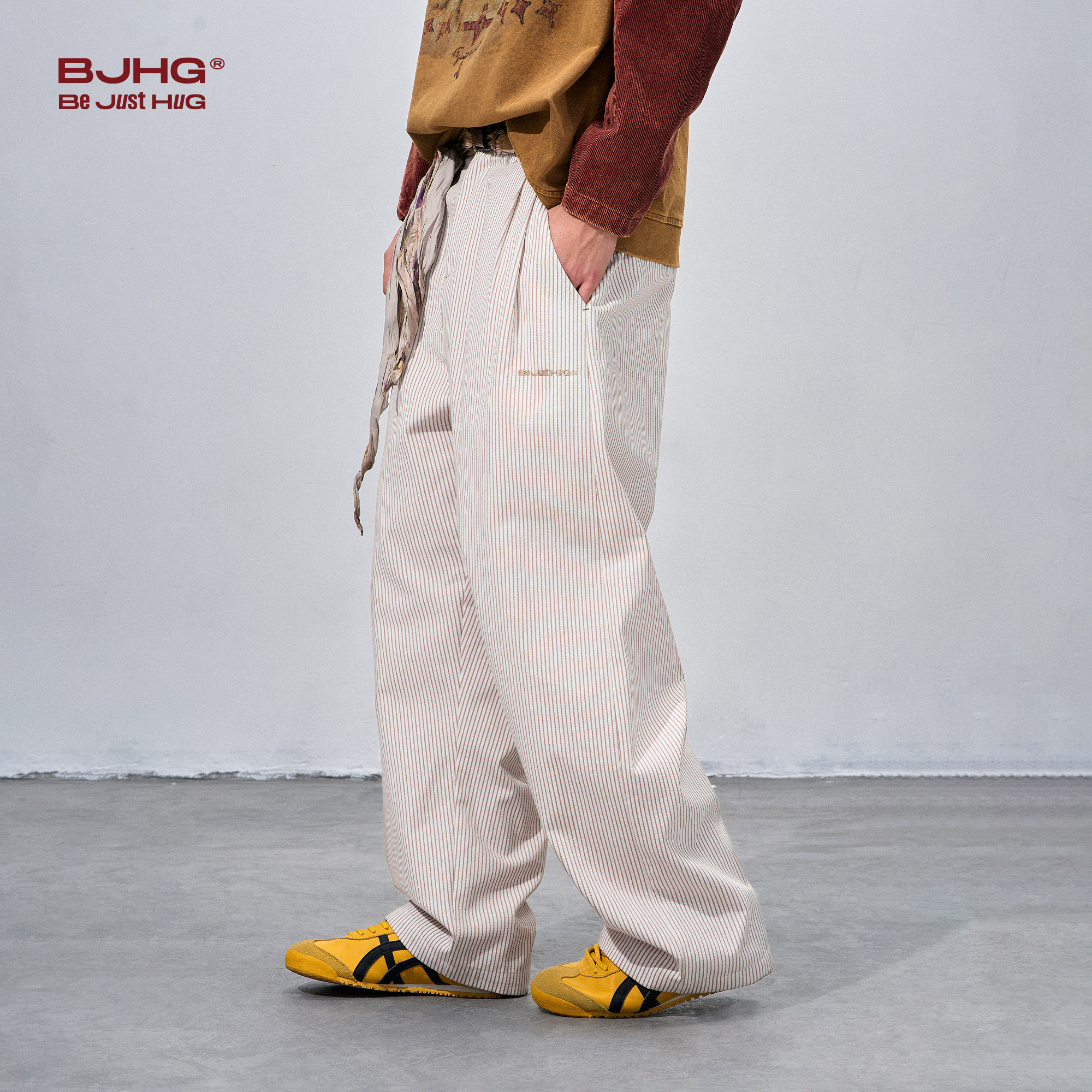 BJHG不计后果复古条纹拼接休闲裤子男款松弛感cleanfit简约直筒裤,淘宝优惠券,粉丝福利购,淘宝优惠卷