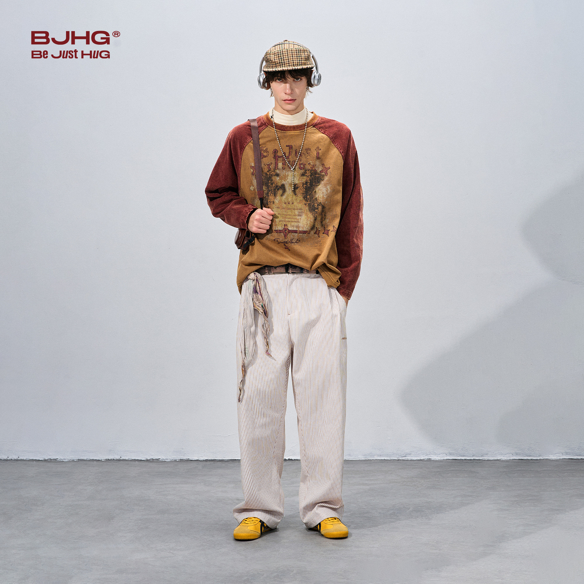 BJHG不计后果复古条纹拼接休闲裤子男款松弛感cleanfit简约直筒裤,淘宝优惠券,粉丝福利购,淘宝优惠卷