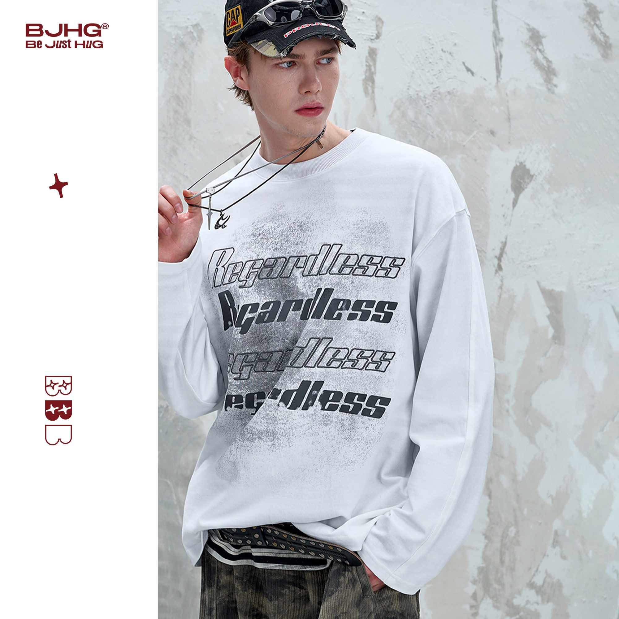 BJHG不计后果 废土风长袖T恤男秋季美式宽松情侣内搭打底衫卫衣女