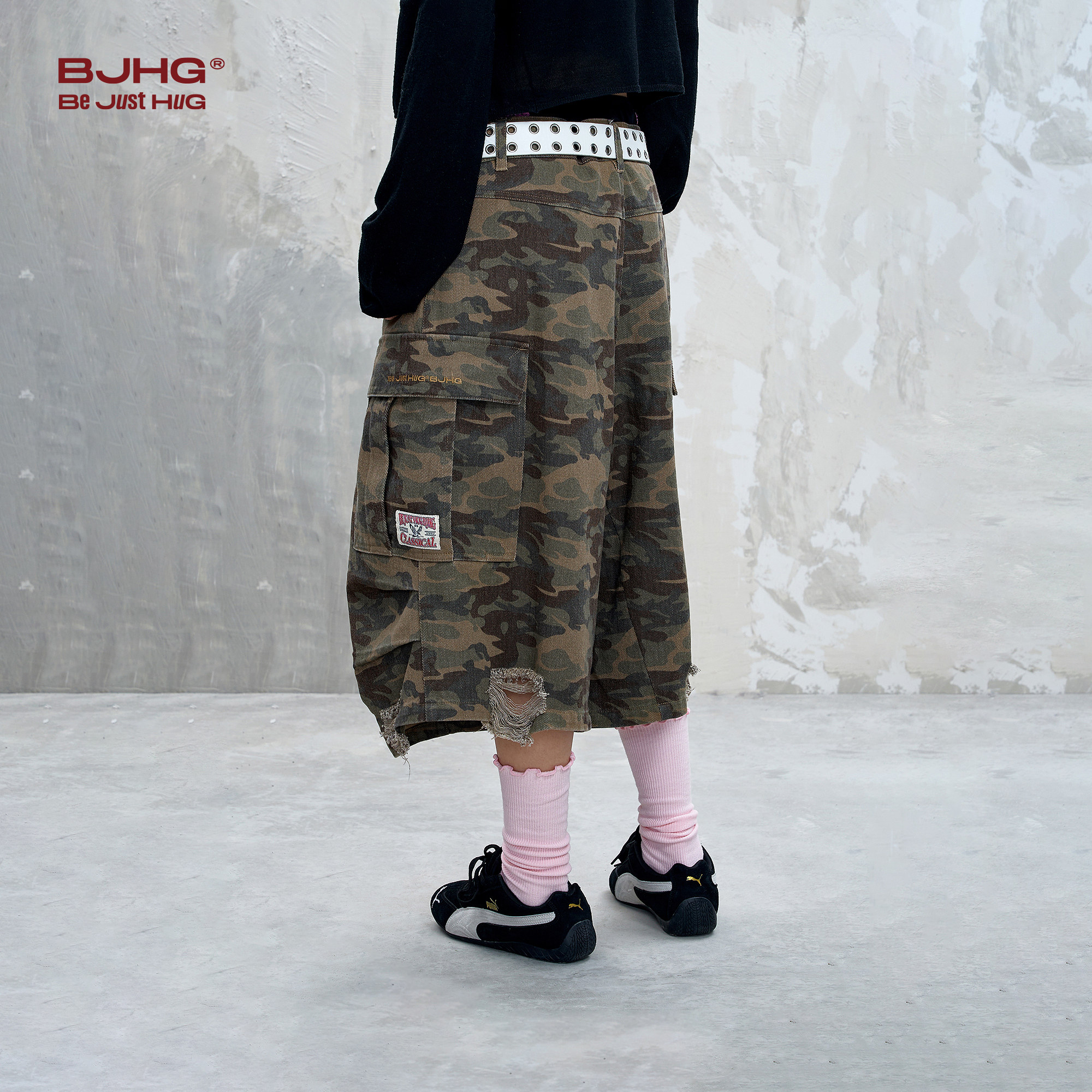 BJHG不计后果美式迷彩短裤女夏季潮牌宽松休闲工装做旧七分裤子女,淘宝优惠券,粉丝福利购,淘宝优惠卷