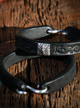 纯银正方形黑色复古民族风皮手环