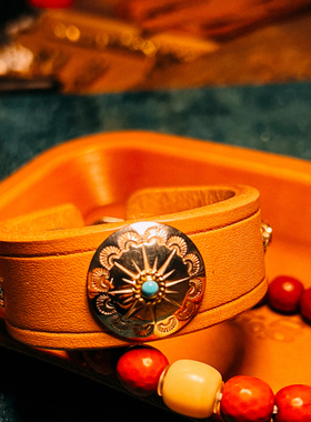 Sanson原创设计日本枥木植鞣牛皮手环手镯镶嵌绿松石阿美咔叽复古