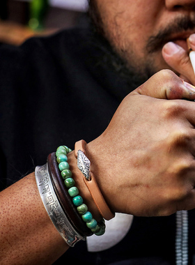 三生造物男女通用牛皮纯银手环