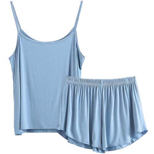 吊带短裤睡衣夏女背心两件套大码套装家居服莫代尔薄款宽松胖mm黑 - 图0