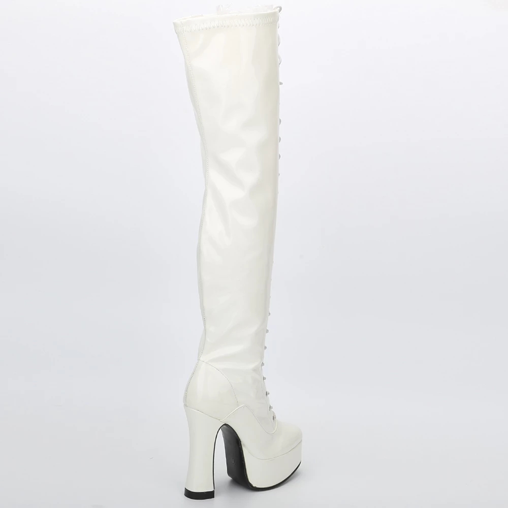 苦月亮新款粗跟厚底马丁靴过膝长筒弹力漆皮高跟12CM靴子夜店情趣 - 图2