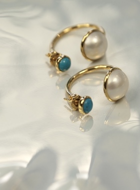 悦婕设计design天然绿松石海水马贝耳环通体925银