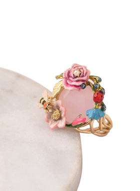 珐琅釉 花朵瓢虫蜜蜂粉色戒指不可调节七码