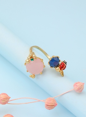 珐琅釉 瓢虫粉色蛋白石戒指开口可调