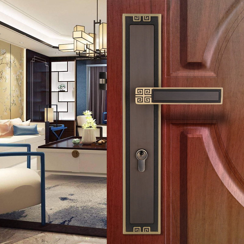 室内新中式全铜实木大门锁静音房间黄铜仿古双开门入户门大号门锁 - 图2