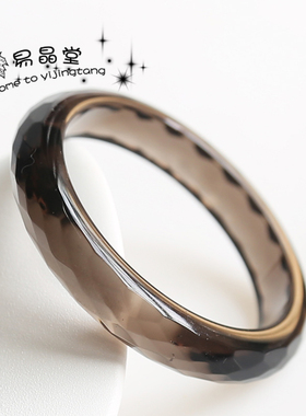 高透冰糯天然冰种黑曜石刻面手镯 菱形细款烟灰水晶 buling闪亮