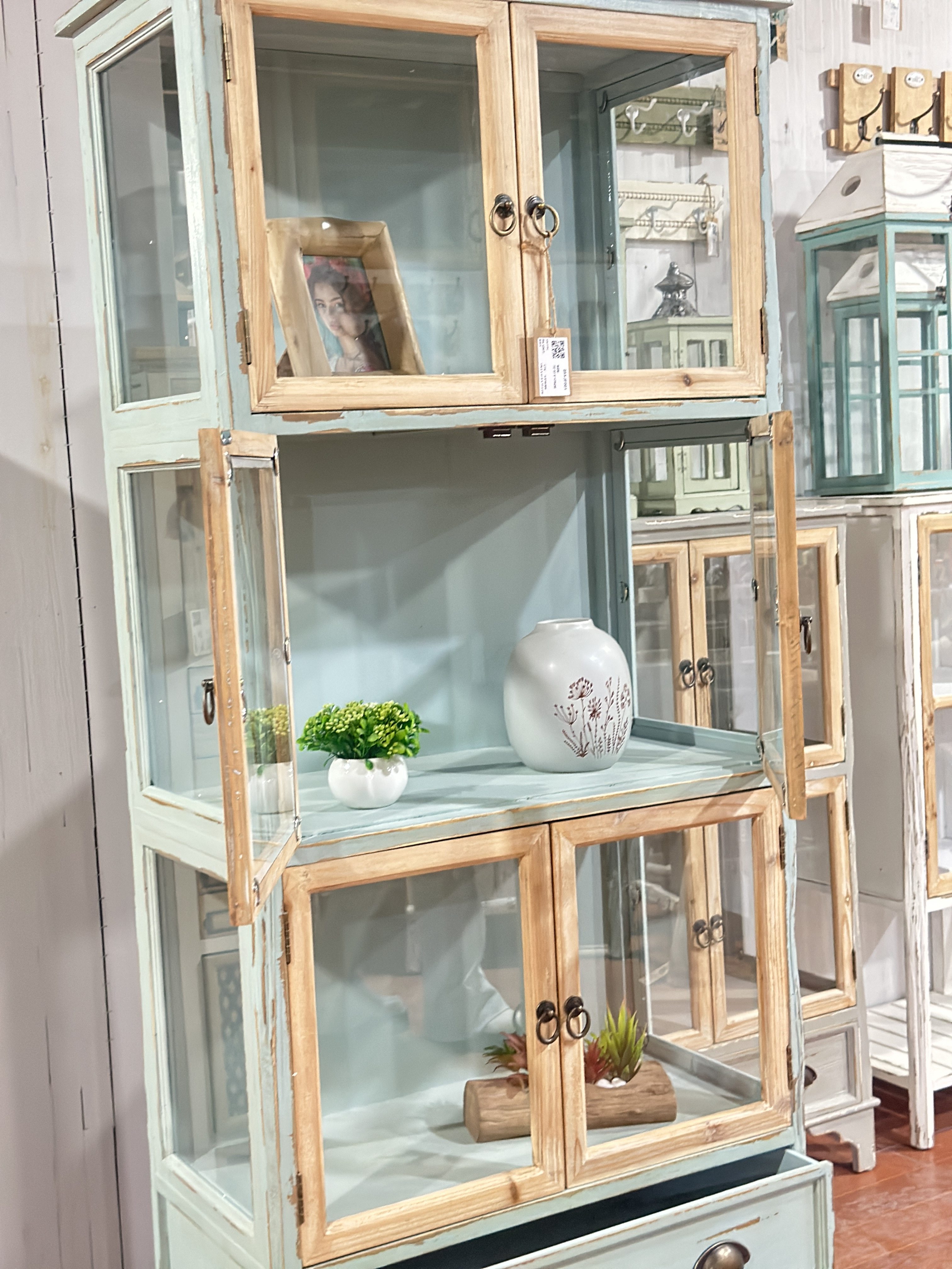 出口欧洲乡村风格复古做旧原木色实木玻璃门展示柜收纳储物柜书柜,淘宝优惠券,粉丝福利购,淘宝优惠卷