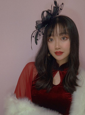 欧美短发羽毛演出宝蓝色小礼帽