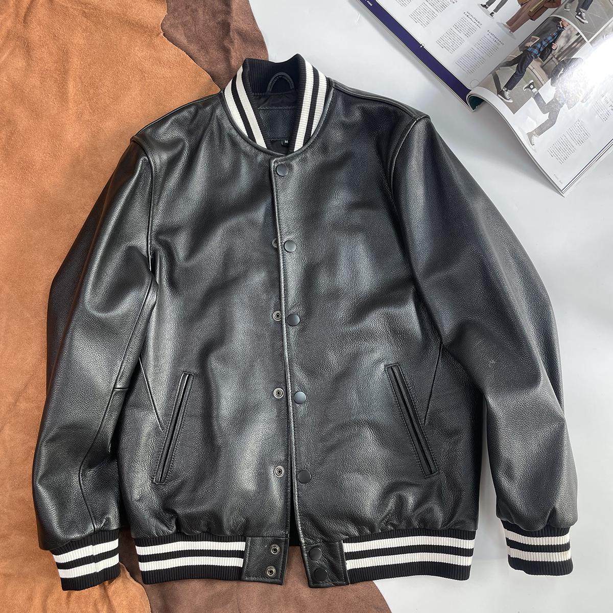 高级小牛皮皮衣男真皮棒球服休闲夹克青年纯色皮外套日系帅气上衣,淘宝优惠券,粉丝福利购,淘宝优惠卷