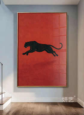 奔跑黑色猎豹装饰画现代艺术抽象装饰画民宿工装客厅玄关竖版壁画