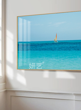 蓝色海洋挂画沙滩蓝天白云辽阔大海装饰画横版流水生财风景墙壁画
