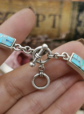 Vintage中古欧洲回流sterling老银纳瓦霍祖尼绿松石欧泊拼接手链