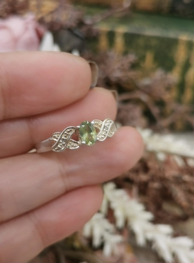 Vintage中古欧洲回流925银橄榄石钻石戒指17号