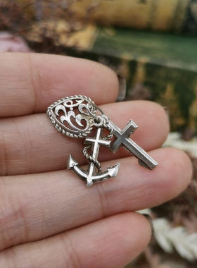Vintage中古欧洲回流925银十字架船锚爱心吊坠