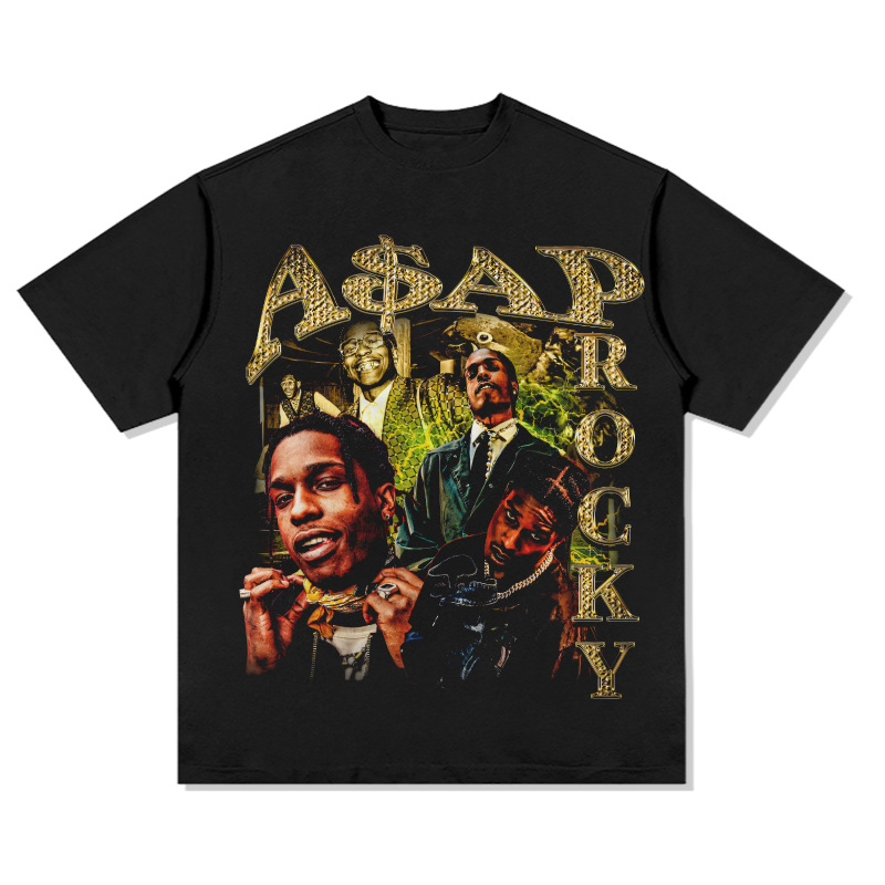 跨境嘻哈说唱A$AP Rocky印花短袖T恤vintage美式复古Rapper穿搭潮 - 图0