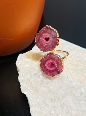 原石ins跨境鎏金巴西晶洞天然玛瑙原石戒指欧美爆款百搭开口戒指