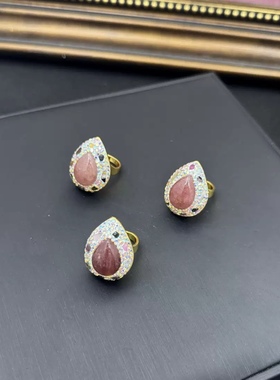 新款天然草莓晶镶嵌碧玺原石戒指个性风轻奢小众手工开口指环