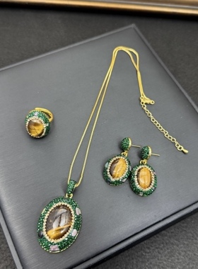 天然虎眼石项链套装耳饰戒指法式小众珠宝毛衣链个性保色套装