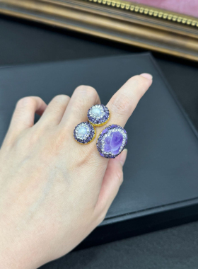 中古风天然紫水晶宝石戒指三头戒指小众气质开口复古高级感指环女