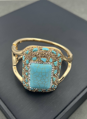 新款松石民族风镶嵌捷克钻手镯原创设计个性小众手环夸张手镯