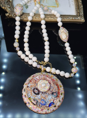 干花琉璃点缀珍珠贝壳珠链搭配彩色吊坠碧玺彩虹毛衣链厂家批发