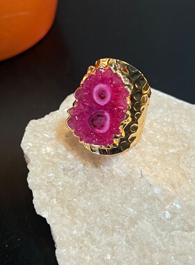 原石ins跨境鎏金巴西晶洞天然玛瑙原石戒指欧美爆款百搭开口戒指