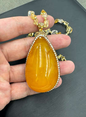 新款二代蜜蜡包边镶嵌捷克钻吊坠黄水晶项链新中式复古毛衣链